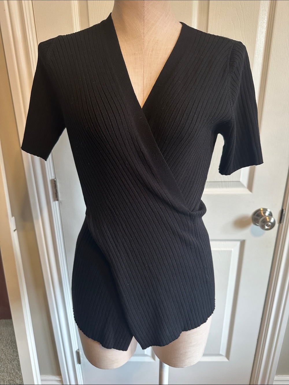 Bailey Black Ribbed Wrap-Front Short Sleeve Top